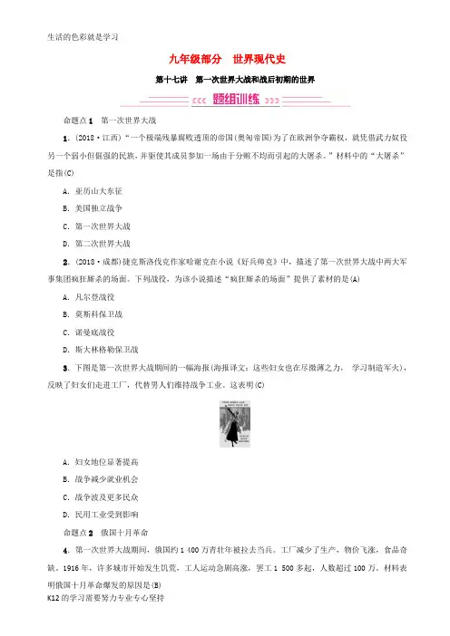 [推荐学习](河北专版)2018年秋中考历史总复习突破 第十七讲 第一次世界大战和战后初期的世界检测