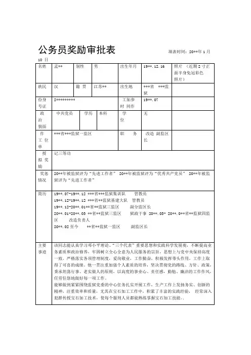 公务员奖励审批表模板