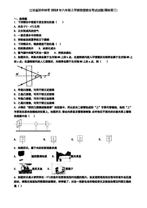 江苏省初中统考2019年八年级上学期物理期末考试试题(模拟卷三)