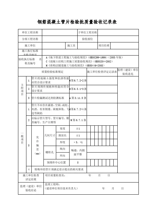 钢筋混凝土管片检验批质量验收记录表