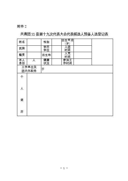 XX小学---共青团XX县第十九次代表大会代表候选人预备人选登记表