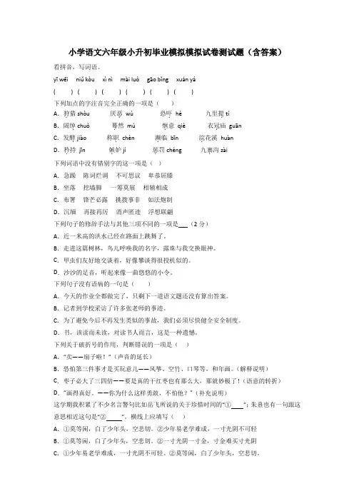 小学语文六年级小升初毕业模拟模拟试卷测试题(含答案)[001]