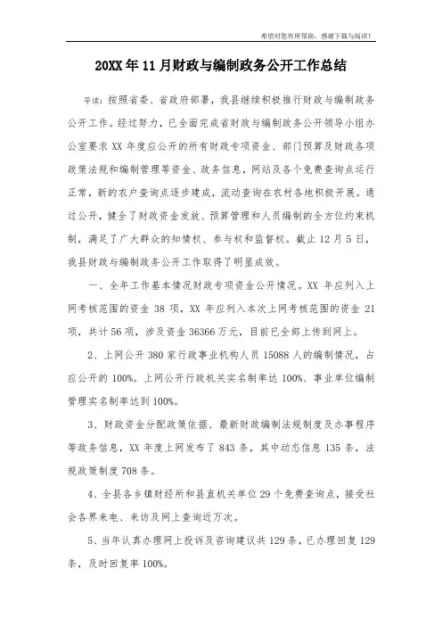 20XX年11月财政与编制政务公开工作总结