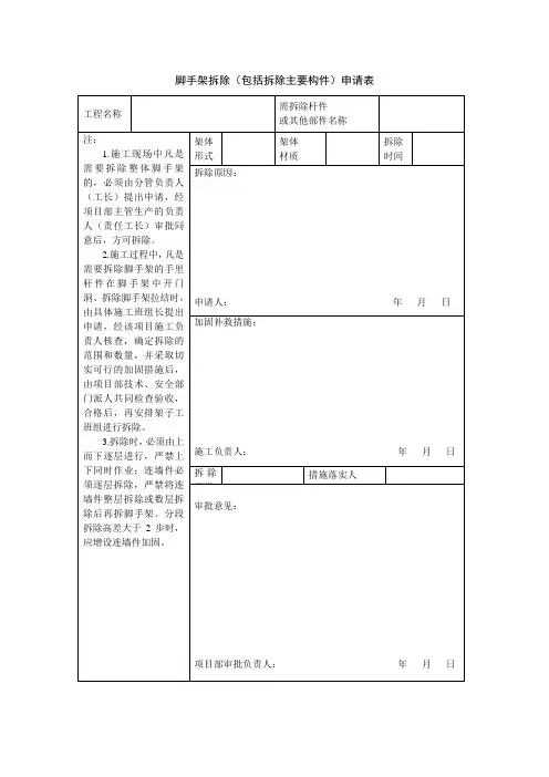 脚手架拆除(包括拆除主要构件)申请表