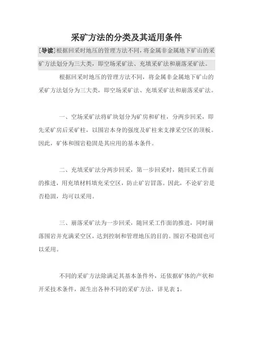 采矿方法的分类及其适用条件