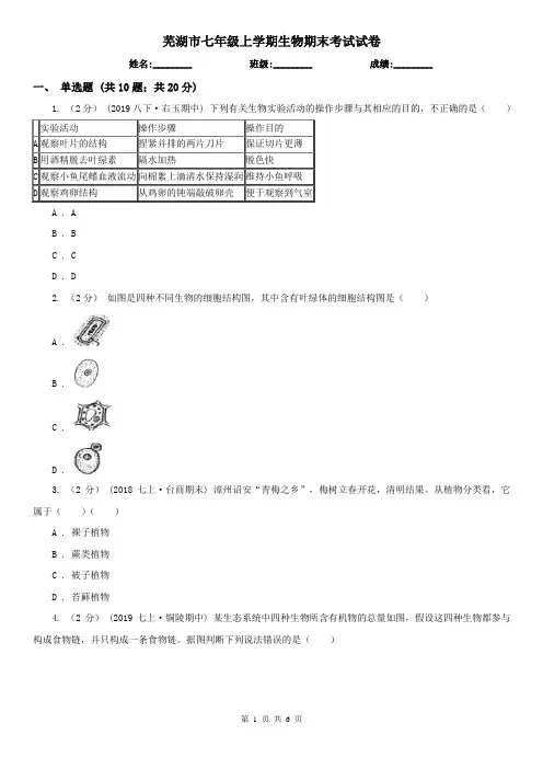 芜湖市七年级上学期生物期末考试试卷