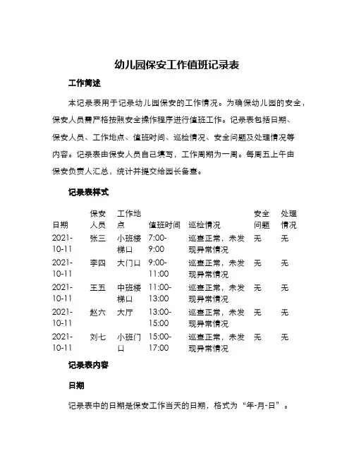 幼儿园保安工作值班记录表