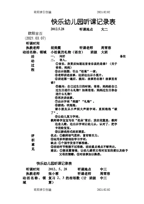 快乐幼儿园听课记录表之欧阳家百创编