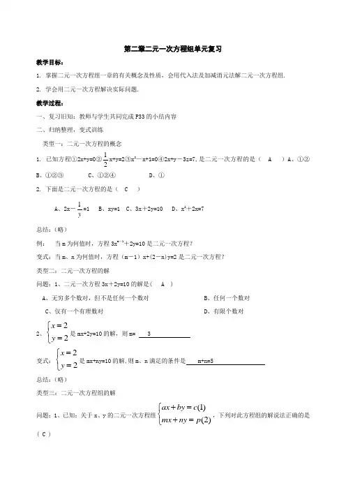 数学：第2章二元一次方程组单元复习教案(湘教版七年级下)