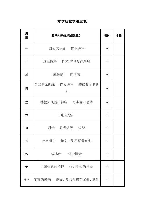人教版-高二上-语文-教学进度表