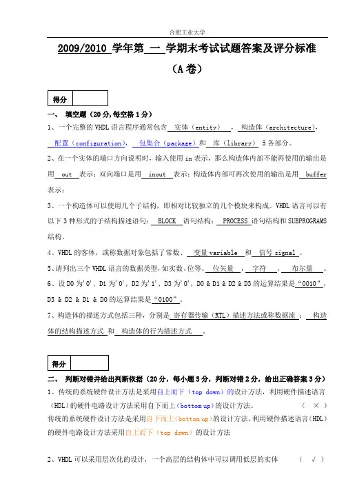 VHDL合肥工业大学期末试题(含答案)2008-2009A