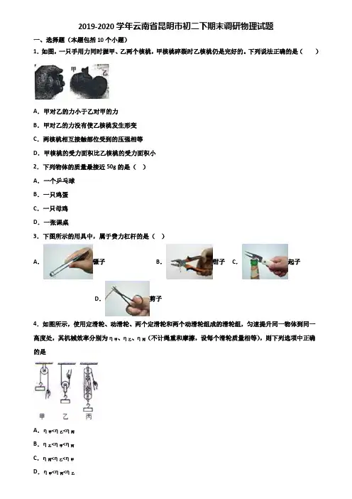 2019-2020学年云南省昆明市初二下期末调研物理试题含解析
