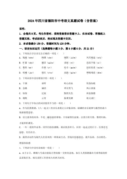 2024年四川省德阳市中考语文真题试卷(含答案)