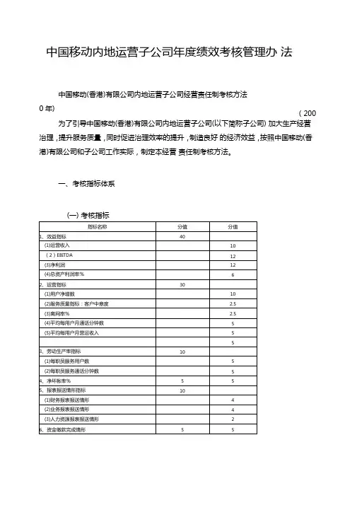 中国移动内地运营子公司年绩效考核管理办法