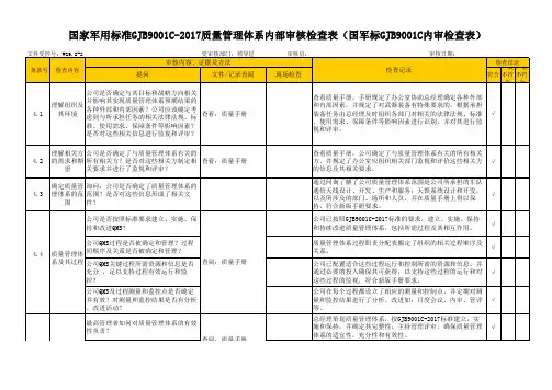国家军用标准GJB9001C-2017质量管理体系内部审核检查表(国军标GJB9001C内审检查表)