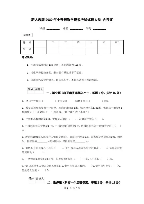 新人教版2020年小升初数学模拟考试试题A卷 含答案