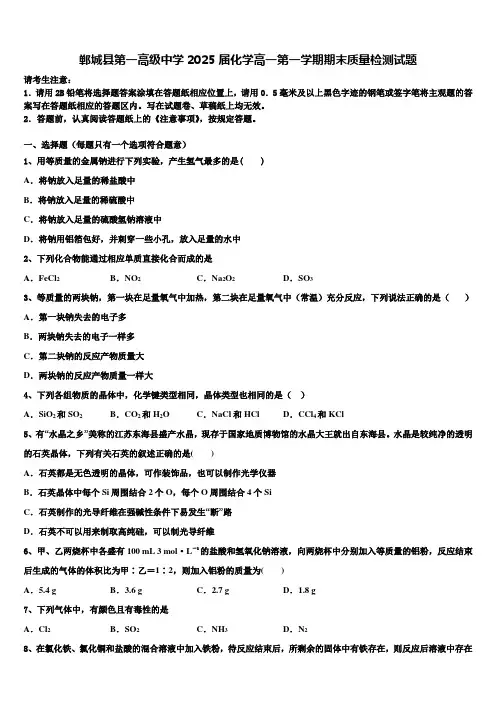 郸城县第一高级中学2025届化学高一第一学期期末质量检测试题含解析