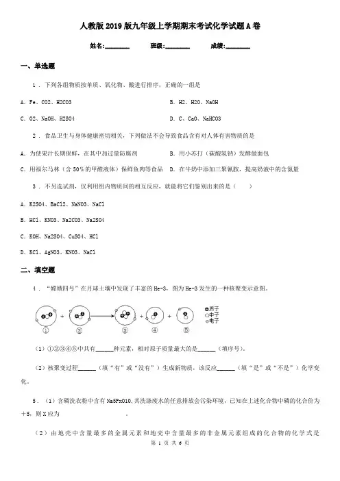 人教版2019版九年级上学期期末考试化学试题A卷新版