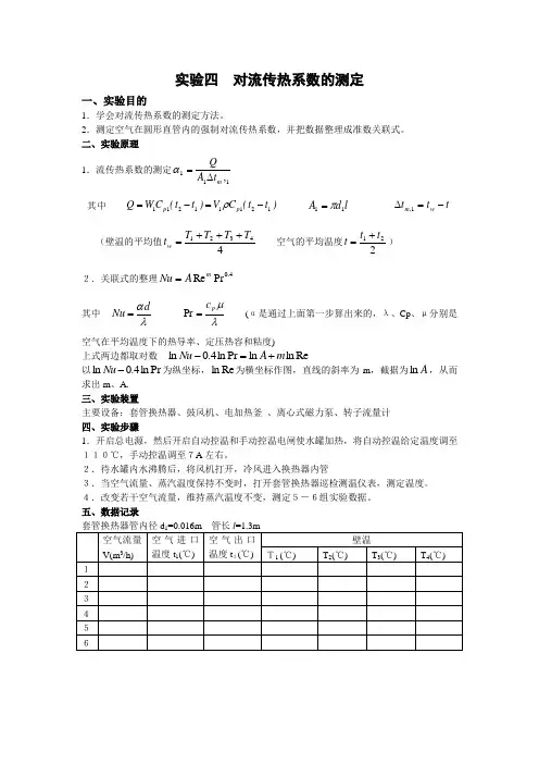 实验四 对流传热系数的测定
