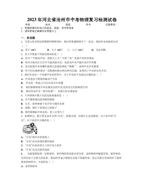 2023年河北省沧州市中考物理复习检测试卷附解析