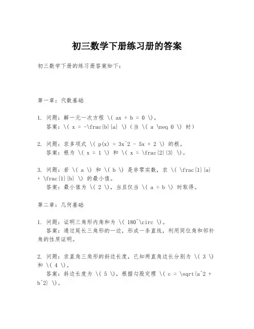 初三数学下册练习册的答案