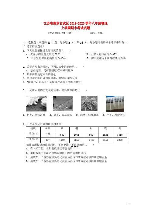 江苏省南京玄武区2019-2020学年八年级物理上学期期末考试试题