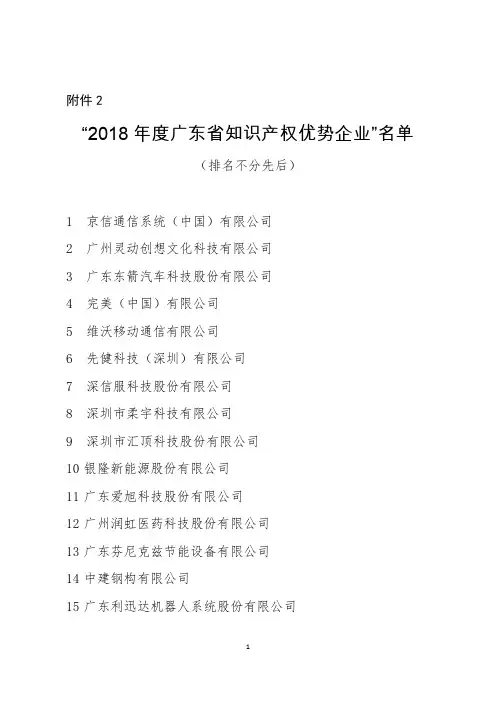 2018年度广东省知识产权优势企业名单