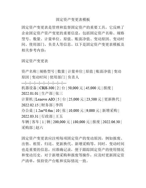 固定资产变更表模板