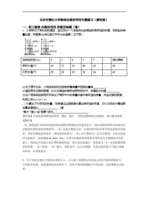 长沙市雅礼中学物理内能的利用专题练习(解析版)