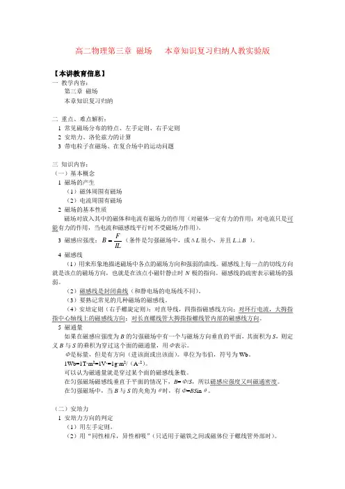 高二物理第三章 磁场   本章知识复习归纳人教实验版知识精讲