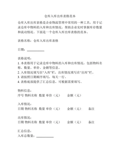仓库入库出库表格范本