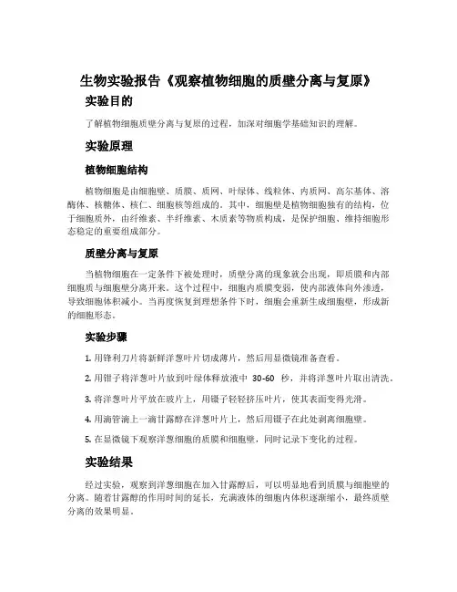 生物实验报告《观察植物细胞的质壁分离与复原》