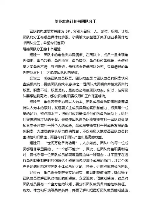 创业准备计划书团队分工