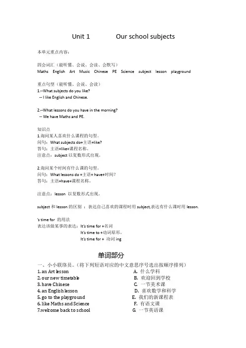 Unit1Ourschoolsubjects(讲义)译林版英语四年级上册