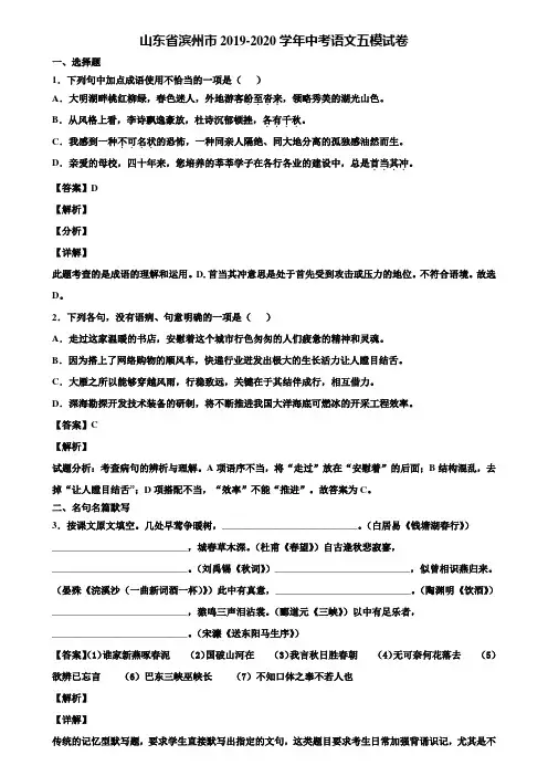 山东省滨州市2019-2020学年中考语文五模试卷含解析