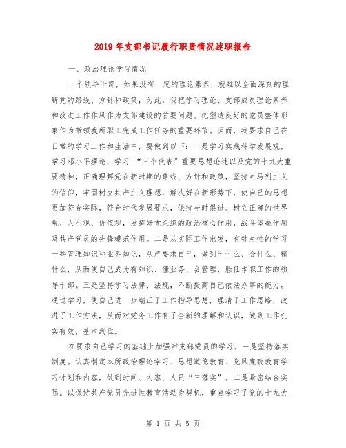 2019年支部书记履行职责情况述职报告