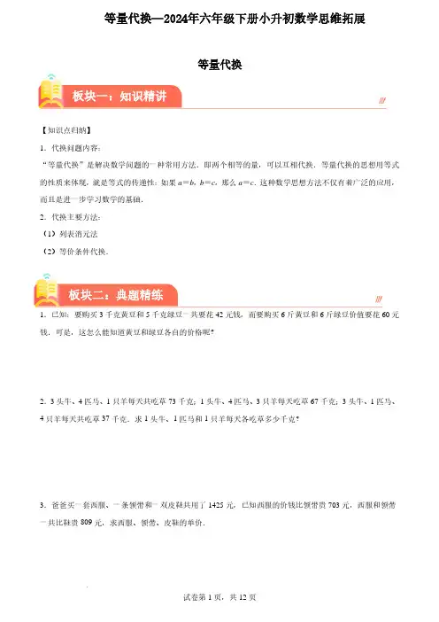 等量代换--2024年六年级下册小升初数学思维拓展含答案