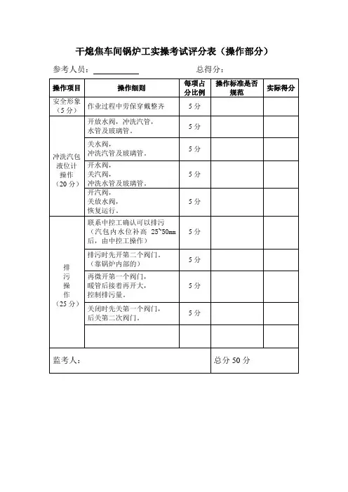干熄焦车间锅炉工实操考试评分表