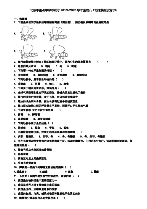 北京市重点中学市联考2019-2020学年生物八上期末模拟试卷(3)