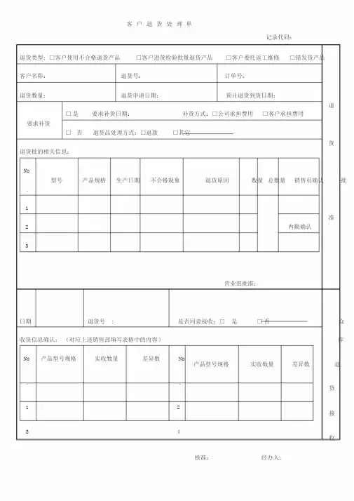 客户退货处理单