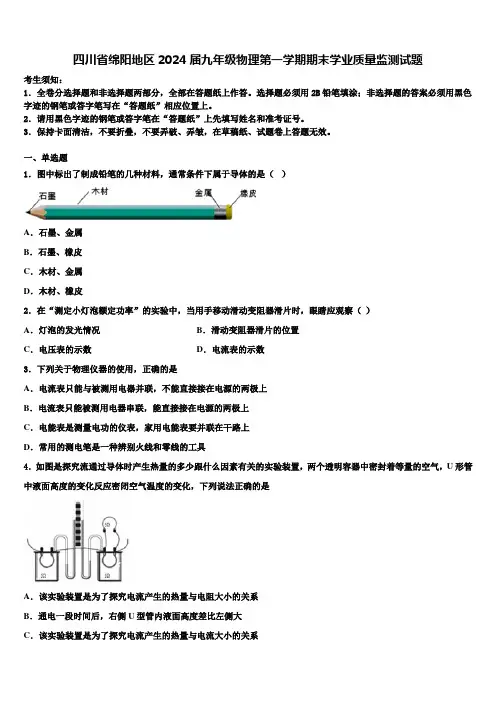四川省绵阳地区2024届九年级物理第一学期期末学业质量监测试题含解析