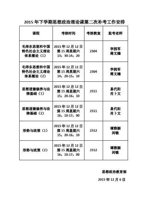 2015年下学期思想政治理论课第二次补考工作安排