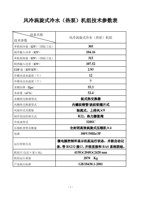 风冷涡旋式冷水(热泵)机组技术参数表