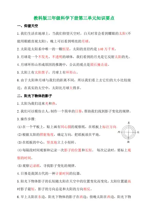教科版小学科学三年级下册第三单元《太阳、地球和月球》知识清单