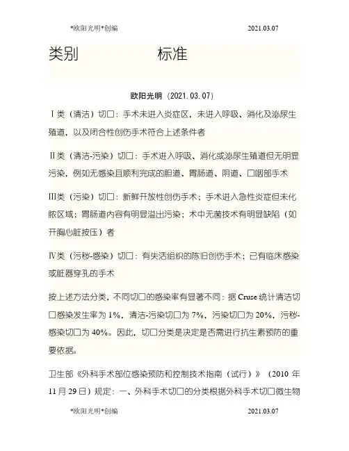 2021年手术切口分类Ⅰ、Ⅱ、Ⅲ、Ⅳ类切口分类的标准类切口之欧阳学文创编