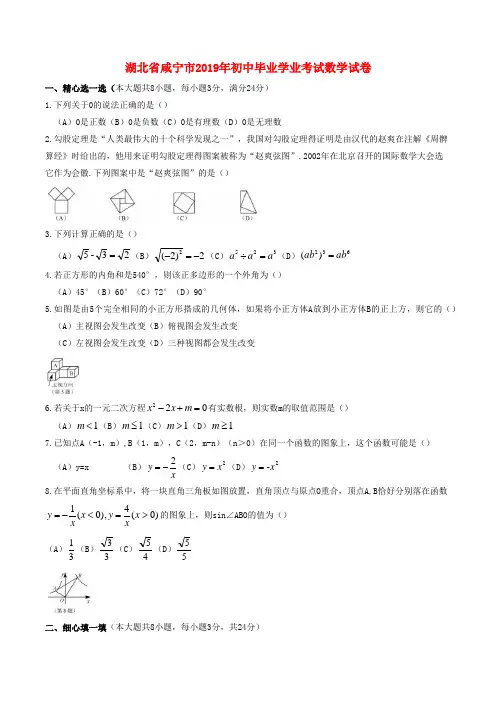 湖北省咸宁市2019年中考数学真题试题(答案不全) 