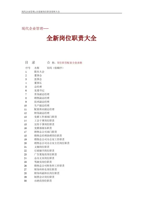 全新岗位职责大全180个岗位+配套表格