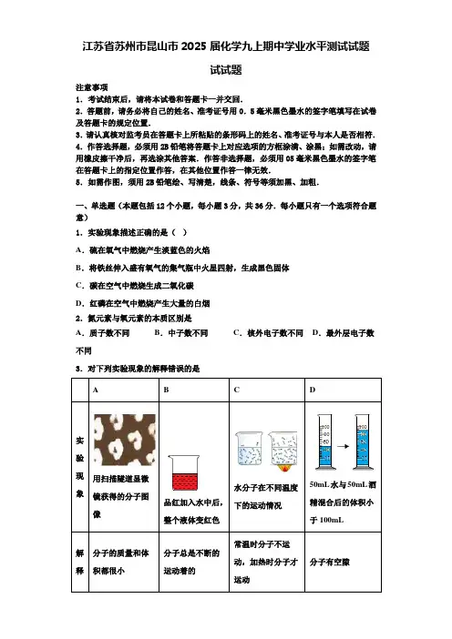 江苏省苏州市昆山市2025届化学九上期中学业水平测试试题含解析