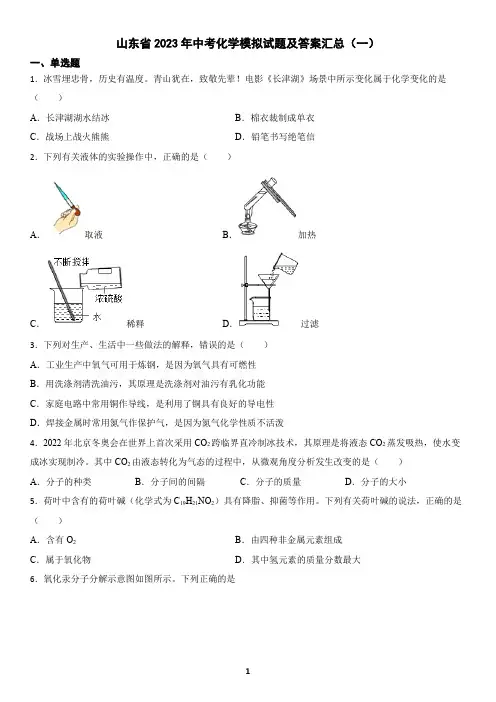 山东省2023年中考化学模拟试题及答案汇总(一)