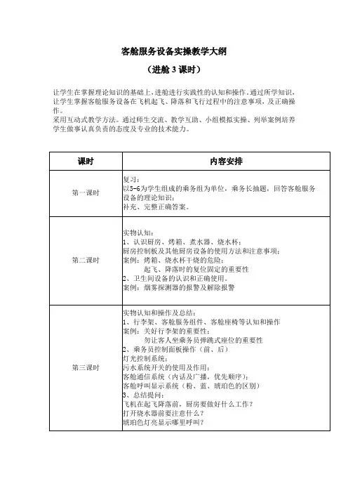客舱服务设备实操教学大纲(进舱3课时)